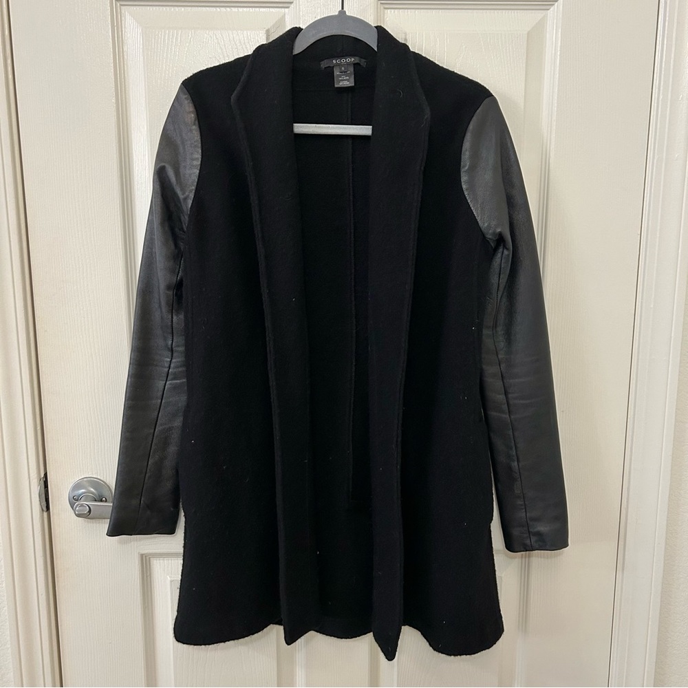 SCOOP NYC Leather & Wool Open Front Sweater